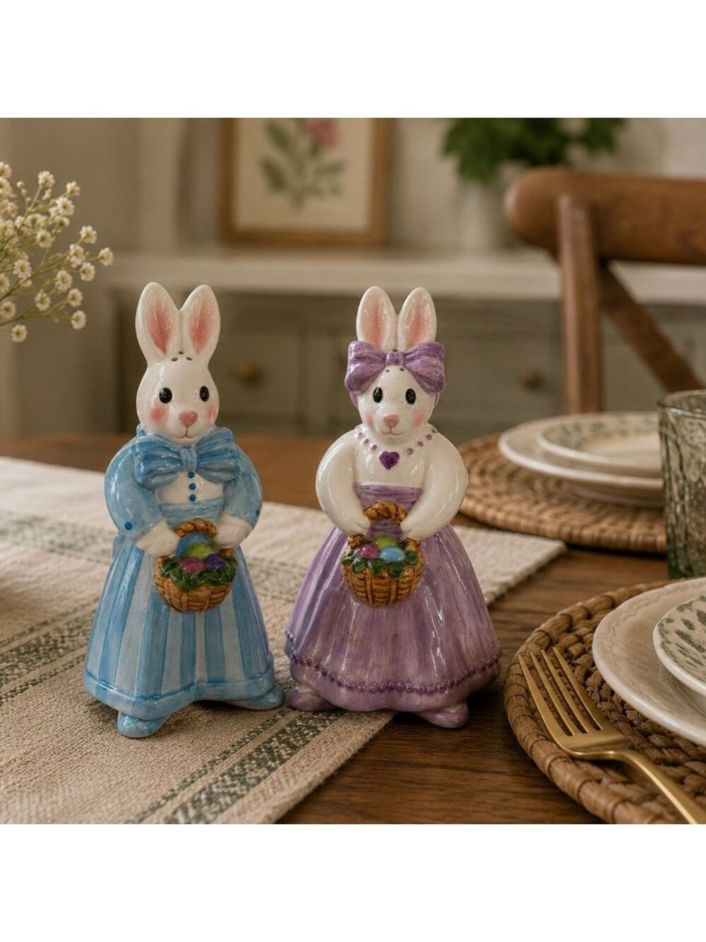Fitz Floyd Be-Bop Bunnies Salt and Pepper Shaker Set Handcrafted Ceramic Easter